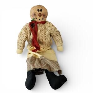 Primitive Folk Art Snowman Snow Lady Rag Doll Christmas Hand Crafted Textured